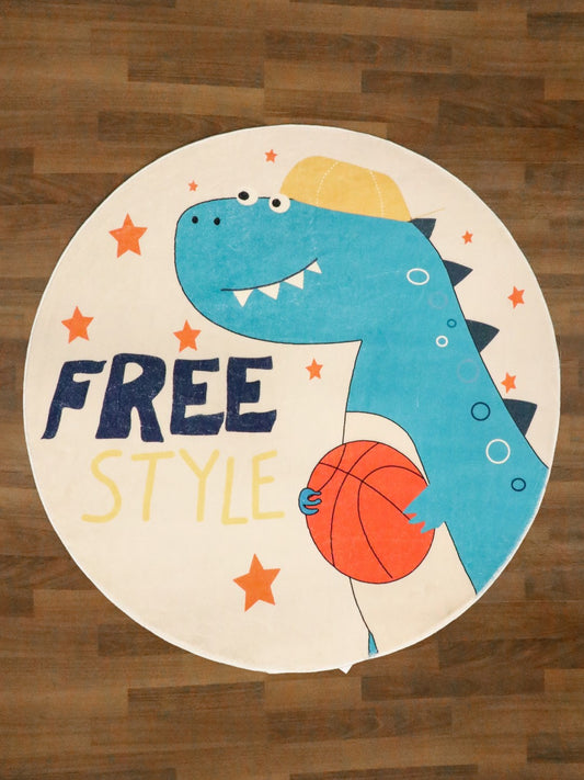 Beige and Blue FreeStyle Dinosaur Printed Kids Rug