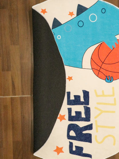 Beige and Blue FreeStyle Dinosaur Printed Kids Rug