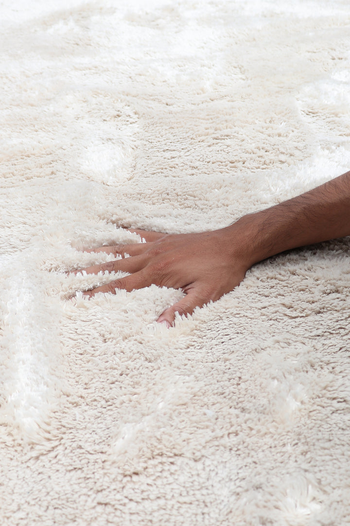 Off White Plain Fancy Shaggy Rectangle Soft and Thick Rug with Woven Back